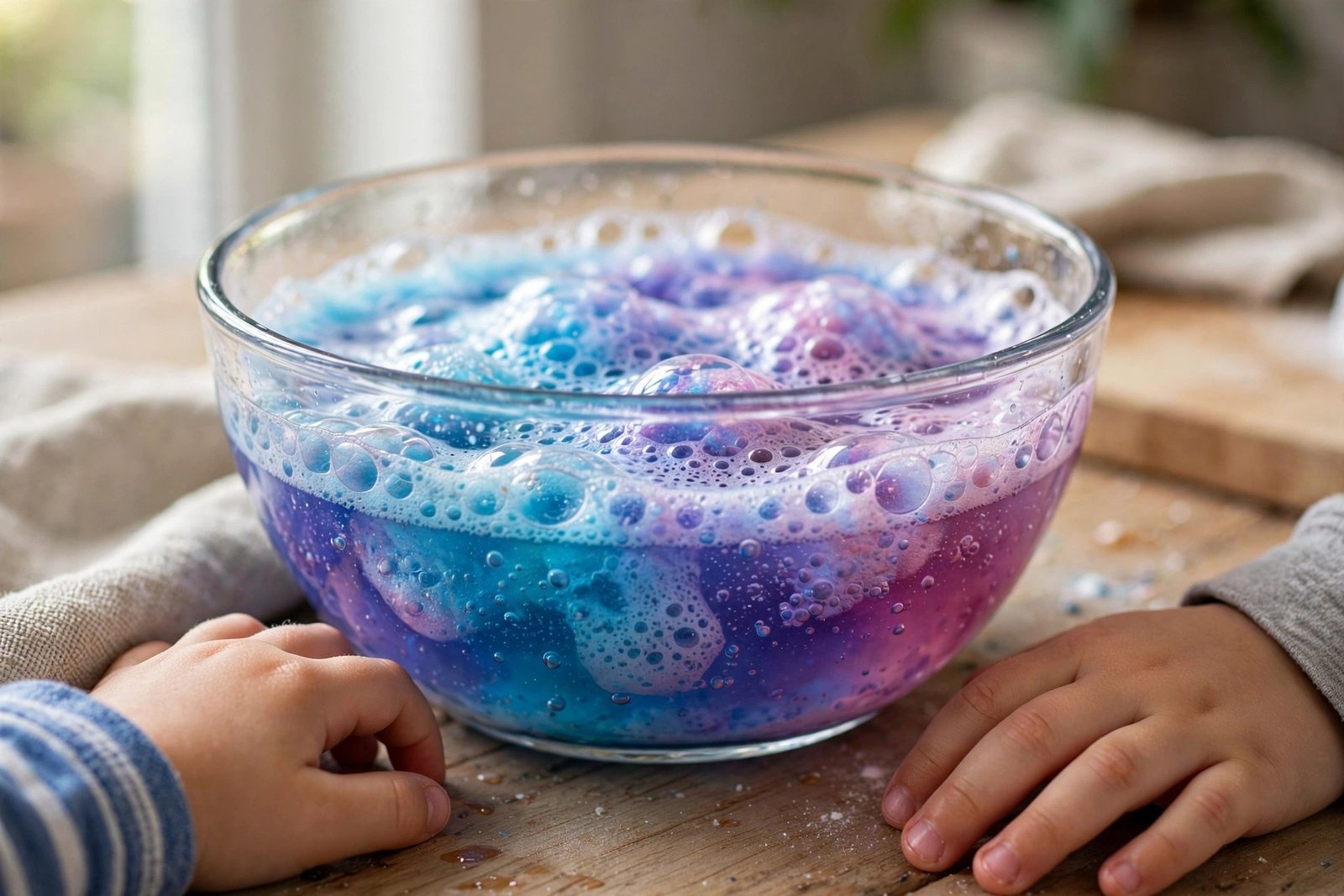 Buntes sprudelndes Backpulver-Essig-Gemisch in einer Glasschüssel, Kinderhände daneben