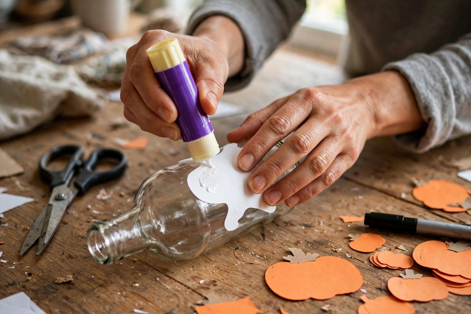 Papier-Geist auf eine Glasflasche kleben für Halloween-Laterne