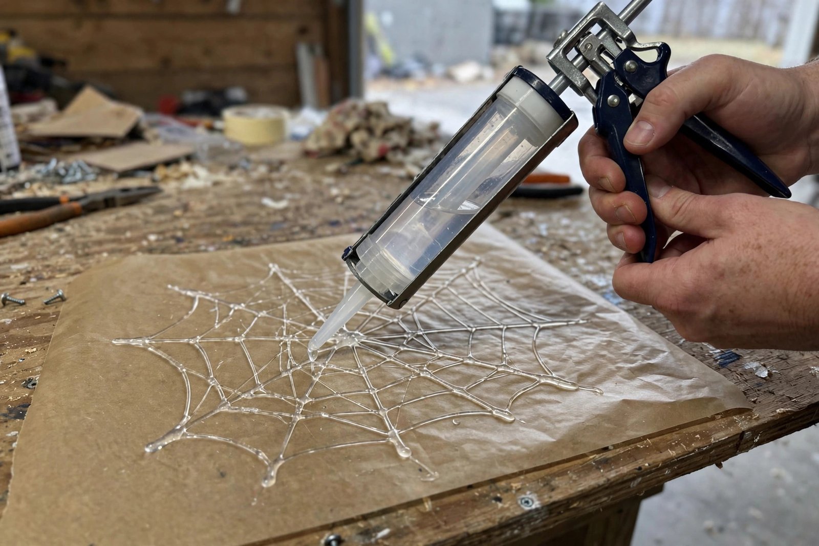 Hände spritzen mit einer Kartuschenpresse ein Spinnennetz aus Silikon auf Backpapier