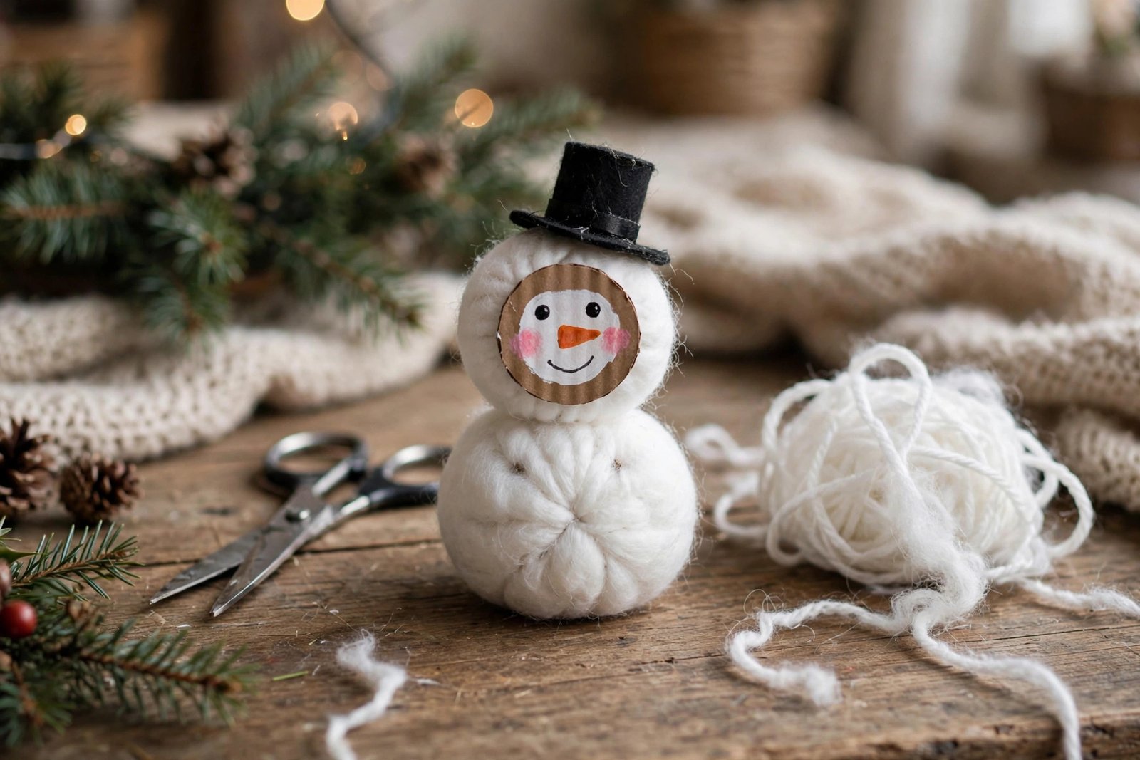 Schneemann aus Wolle und Pappe mit schwarzem Hut