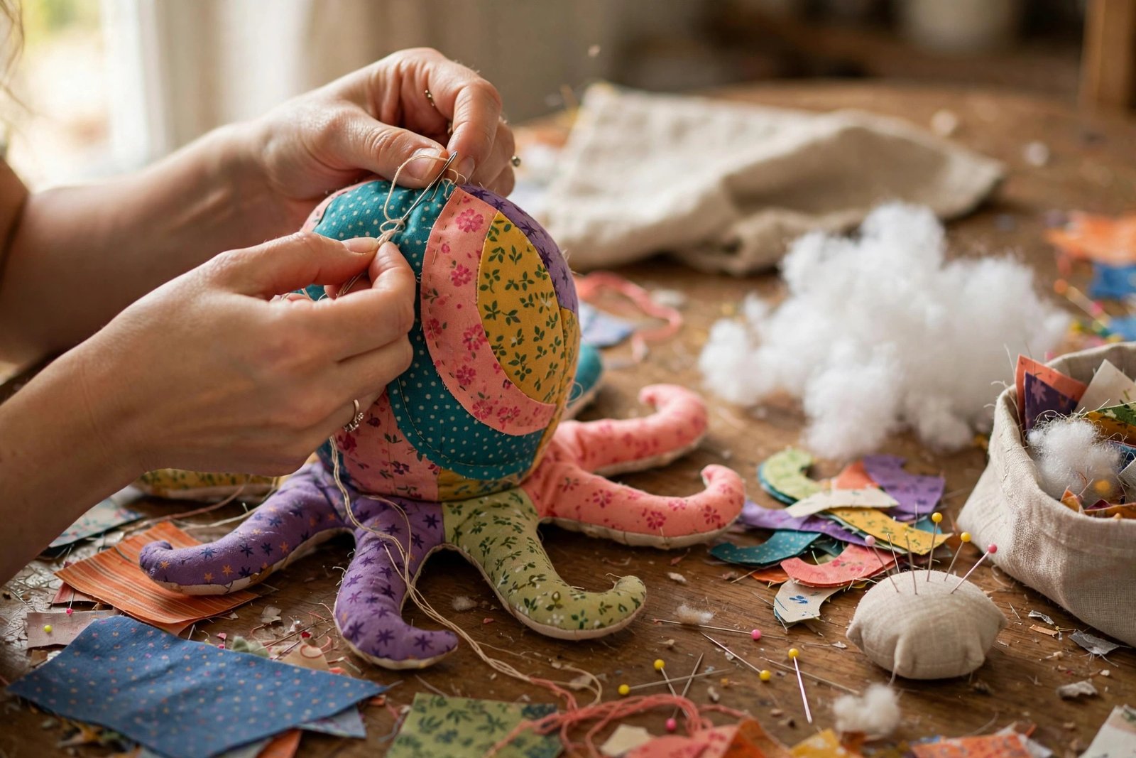 Nahaufnahme: Hände nähen bunte Stoffteile für einen Plüsch-Oktopus