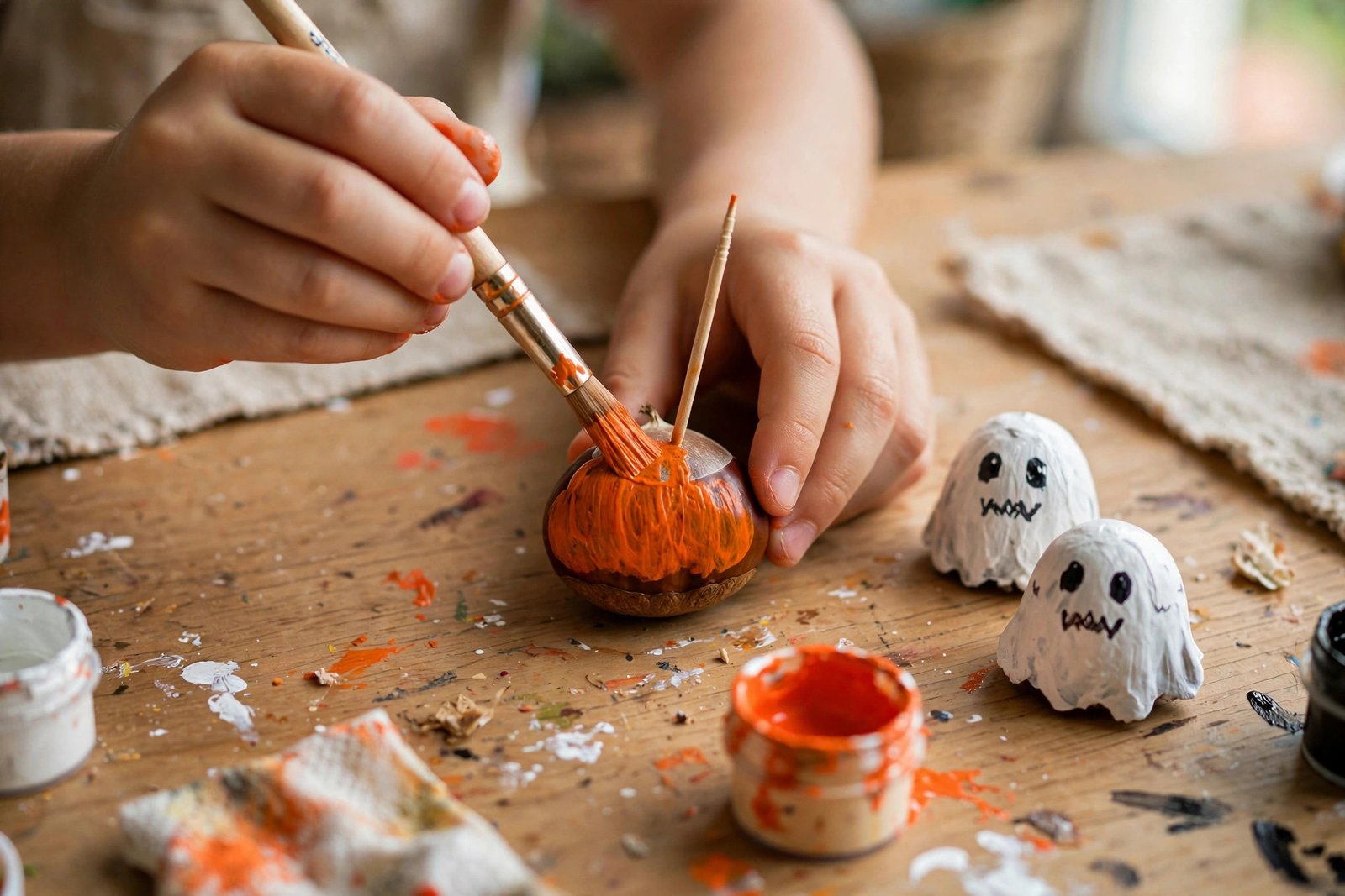 Kinderhände bemalen eine Kastanie mit oranger Acrylfarbe