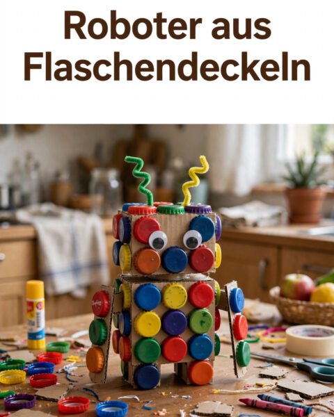 Roboter aus Flaschendeckeln und Karton basteln – kreatives Kinderprojekt
