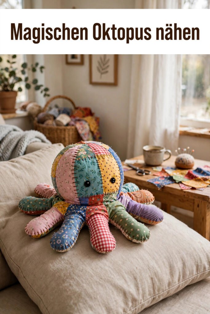Genähter Plüsch-Oktopus aus bunten Stoffresten