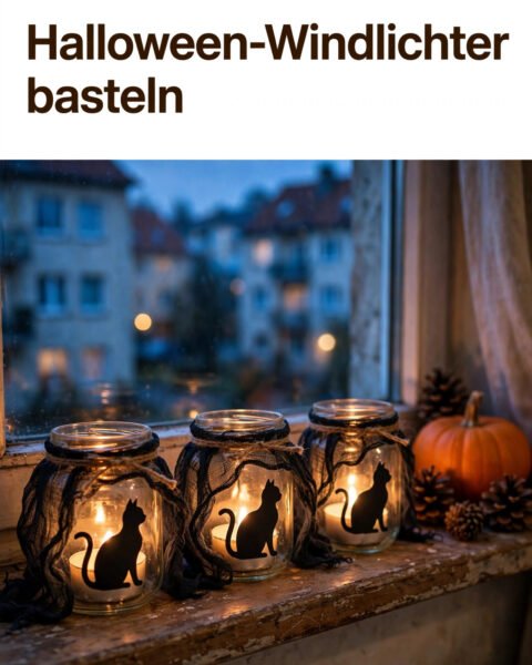 Halloween-Windlichter basteln mit Katzen-Schablone