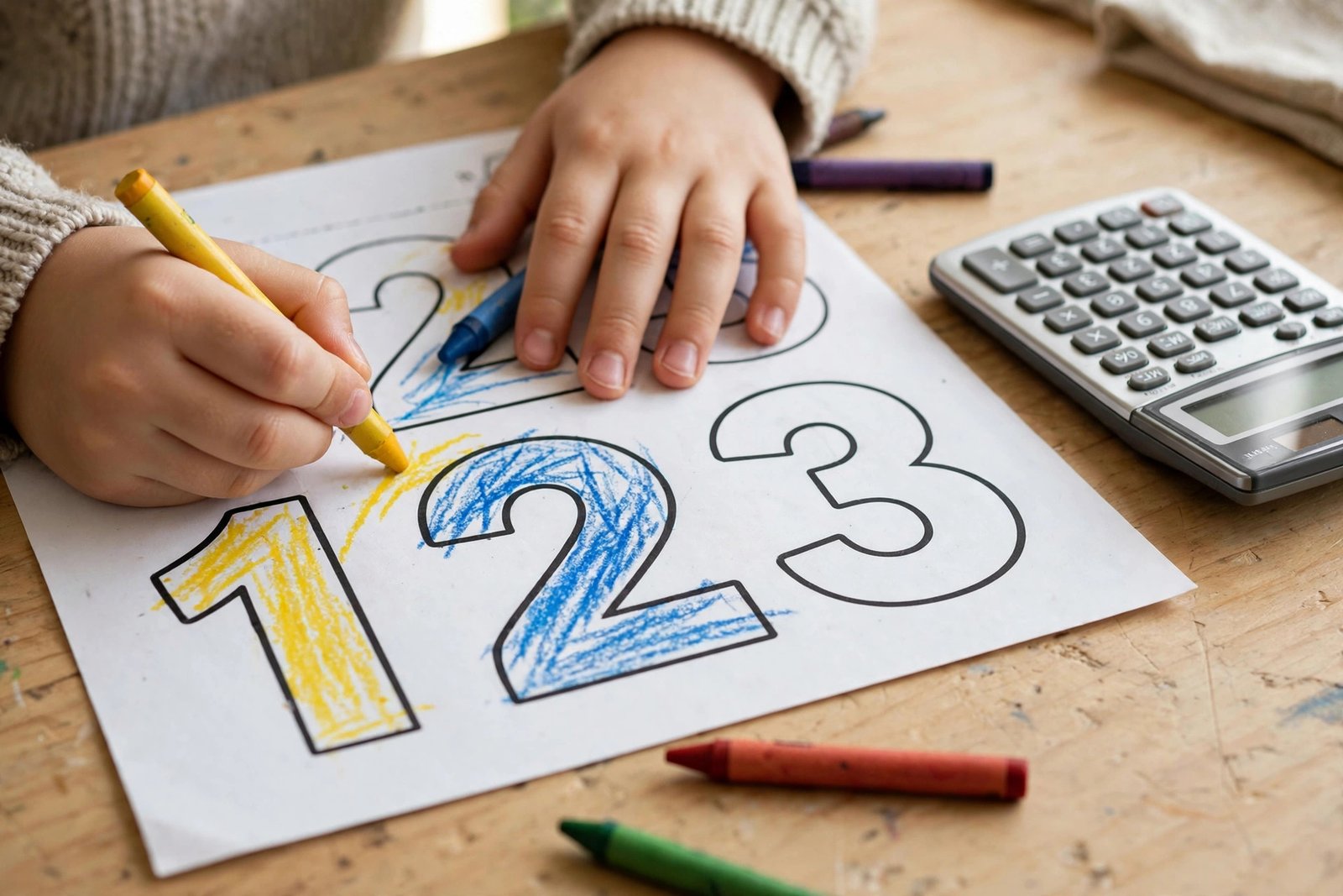 Kind malt ein Mathe-Deckblatt mit Zahlen aus