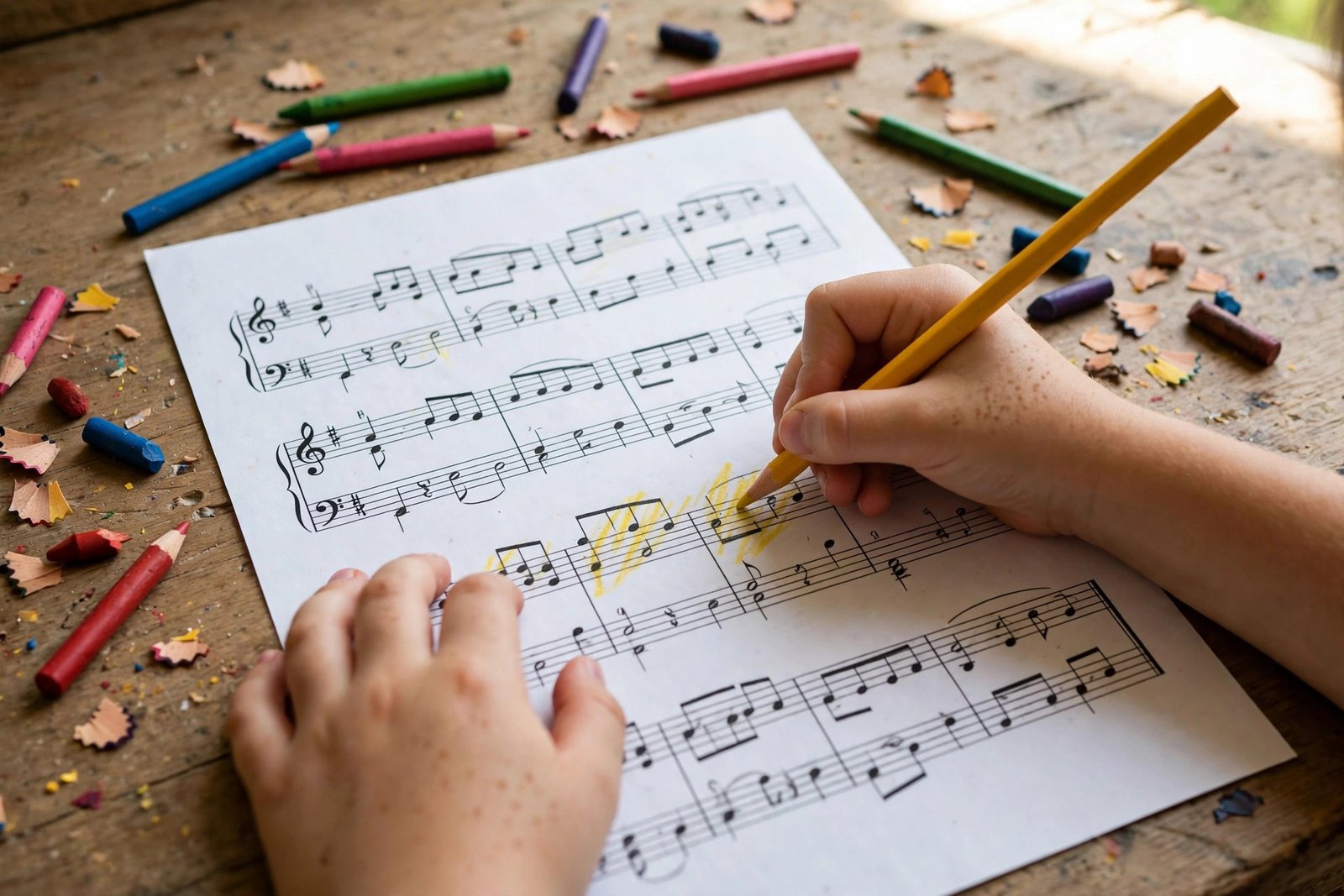 Buntes Musik-Deckblatt mit Noten wird ausgedruckt