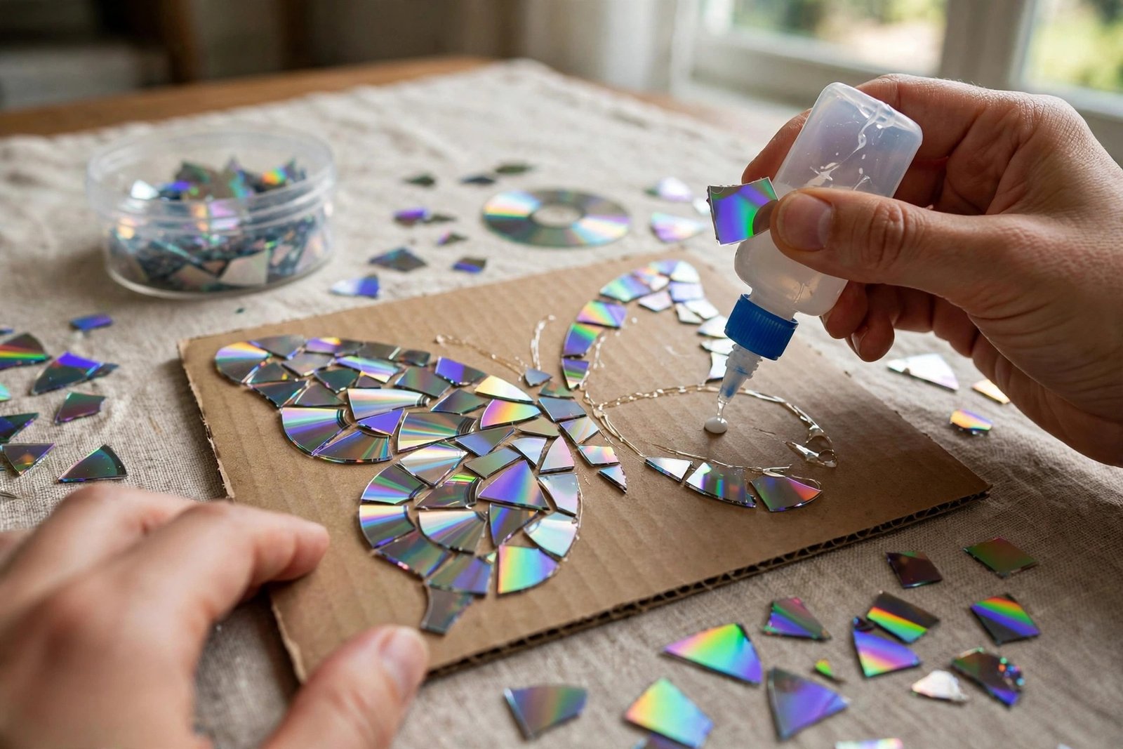Hände kleben schimmernde CD-Mosaikstücke zu einem Schmetterling auf eine Unterlage