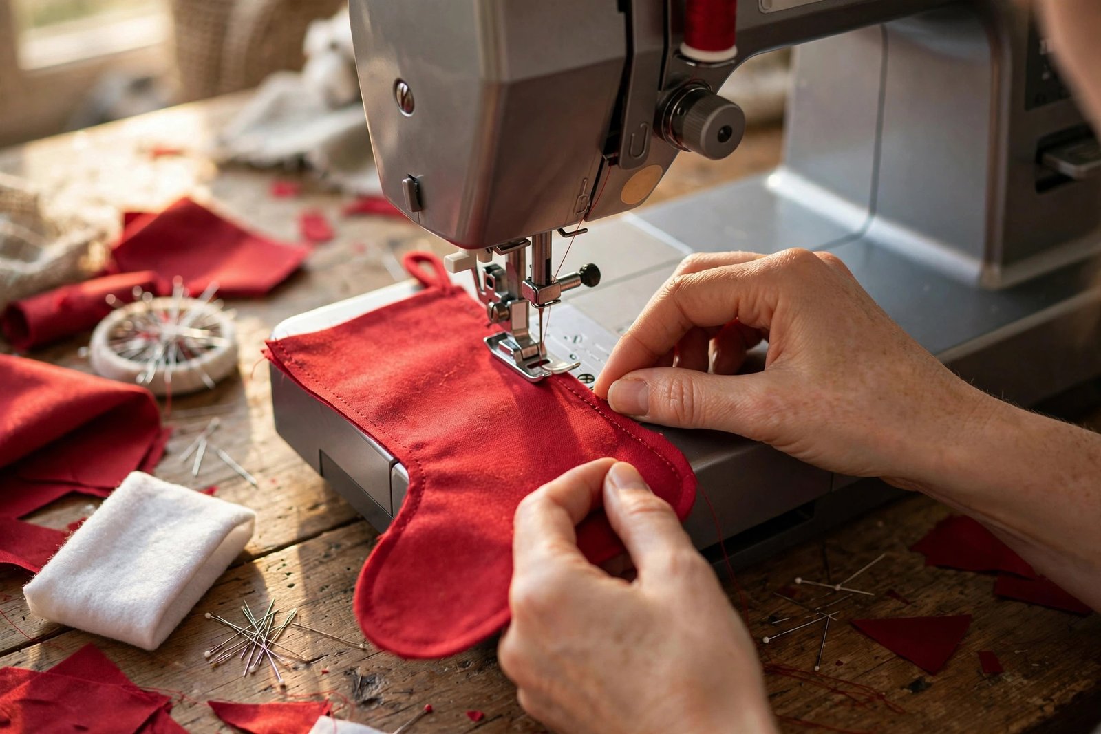 Hände nähen einen Weihnachtsstiefel aus rotem Stoff an der Nähmaschine